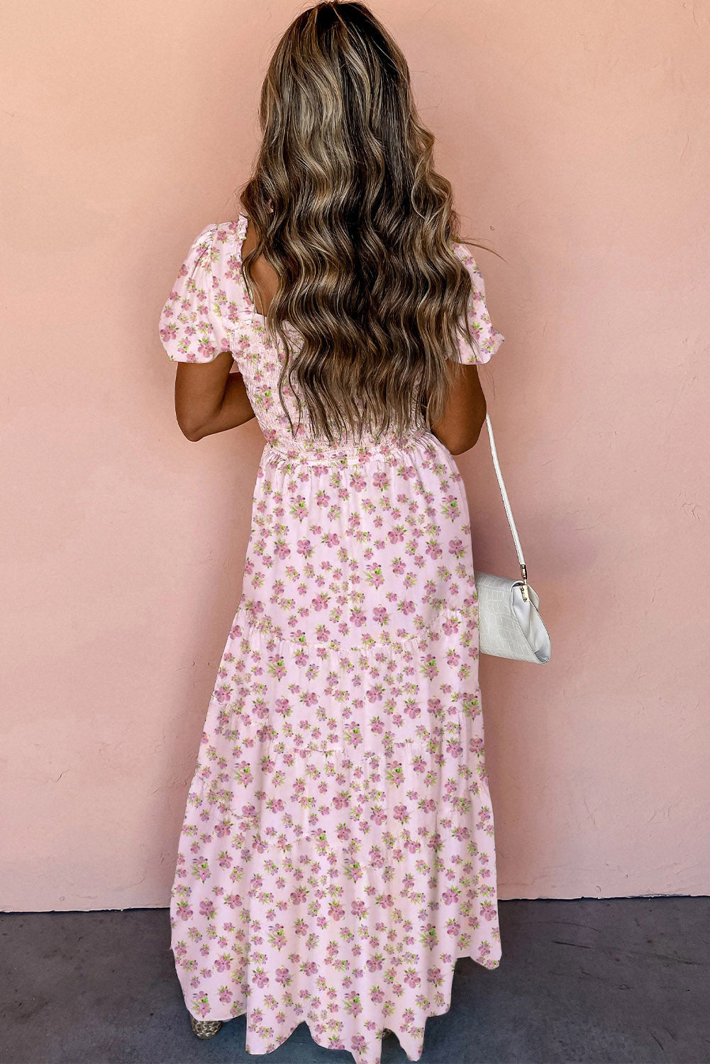 White Frilly Shirred Bodice Tiered Floral Maxi Dress