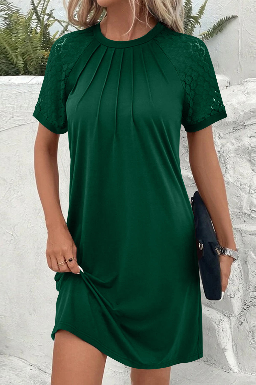Black Contrast Lace Raglan Sleeve Pleated Detail Shift Dress