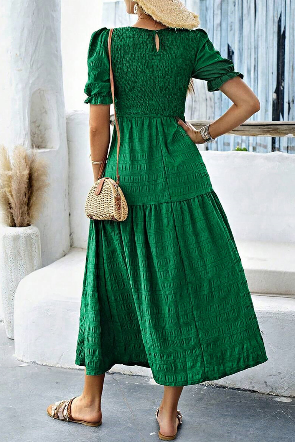 Sail Blue Solid Textured Smocked Puff Short Sleeve High Waist Long Dress