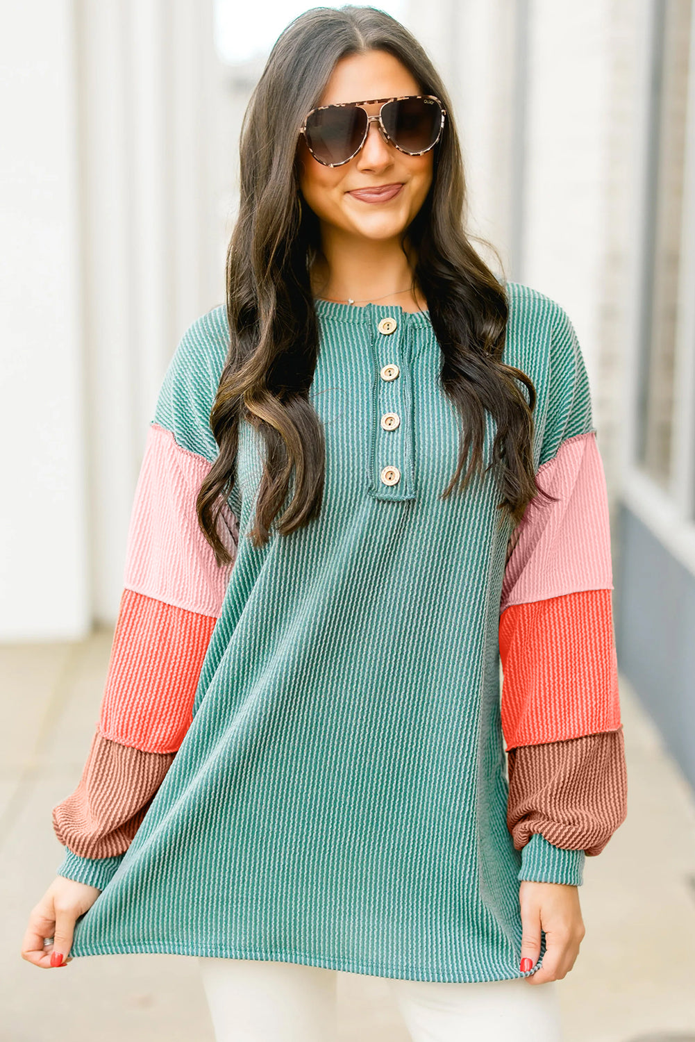 Multicolour Twisted Ribbed Knit Colorblock Henley Top