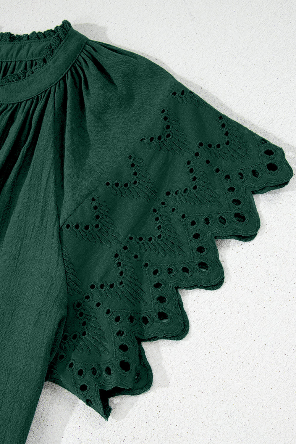 Green Bay Eyelet Embroidered Sleeve Tie V Neck Blouse