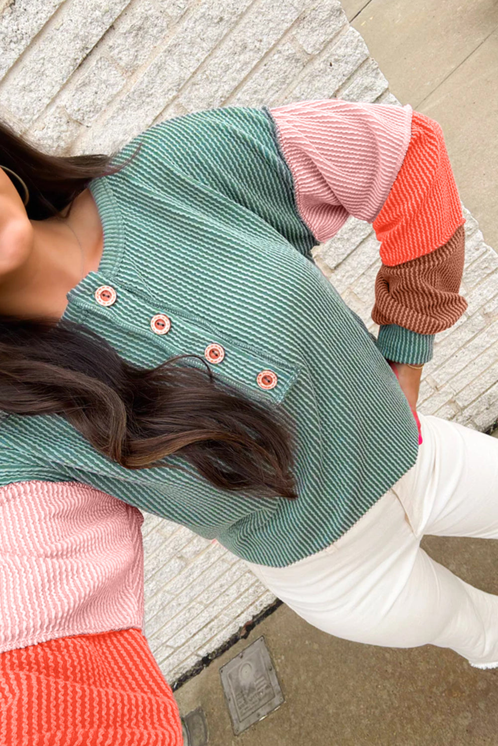 Multicolour Twisted Ribbed Knit Colorblock Henley Top