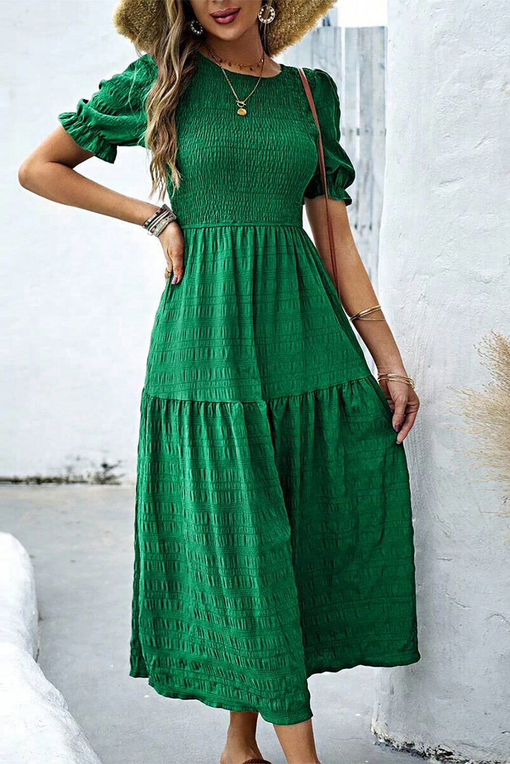 Sail Blue Solid Textured Smocked Puff Short Sleeve High Waist Long Dress
