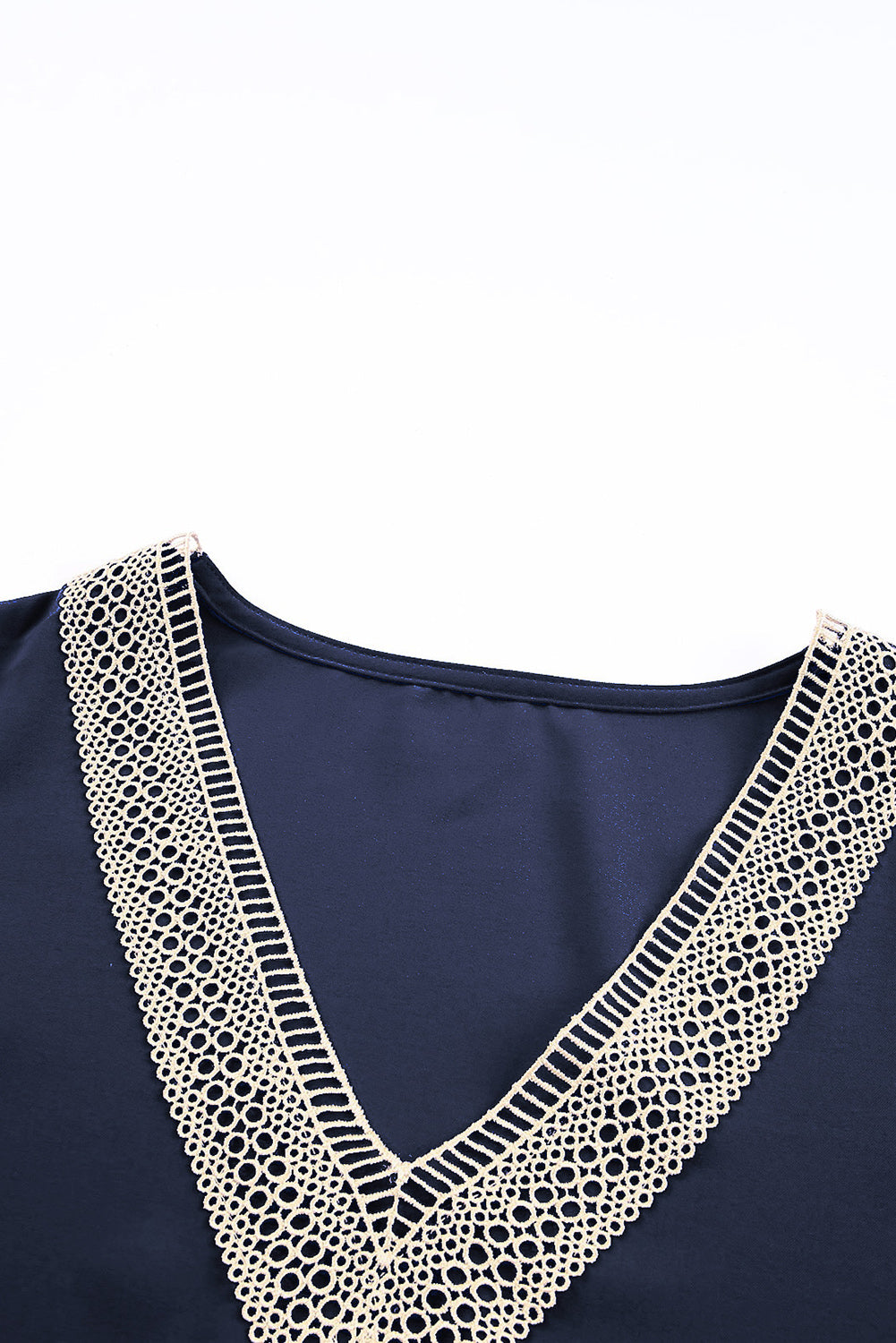 Blue Lace Trim V Neck Short Sleeve Blouse