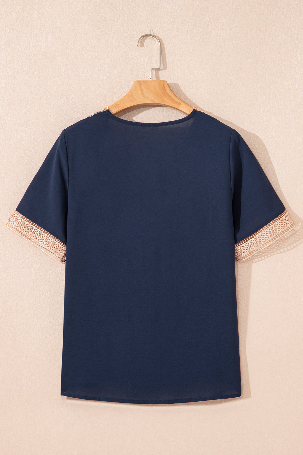 Blue Lace Trim V Neck Short Sleeve Blouse