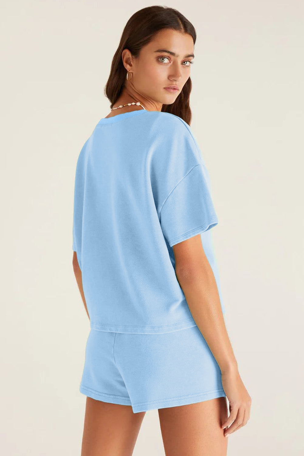 Bonbon V Neck Drop Shoulder Tee and Patchwork Drawstring Shorts Set