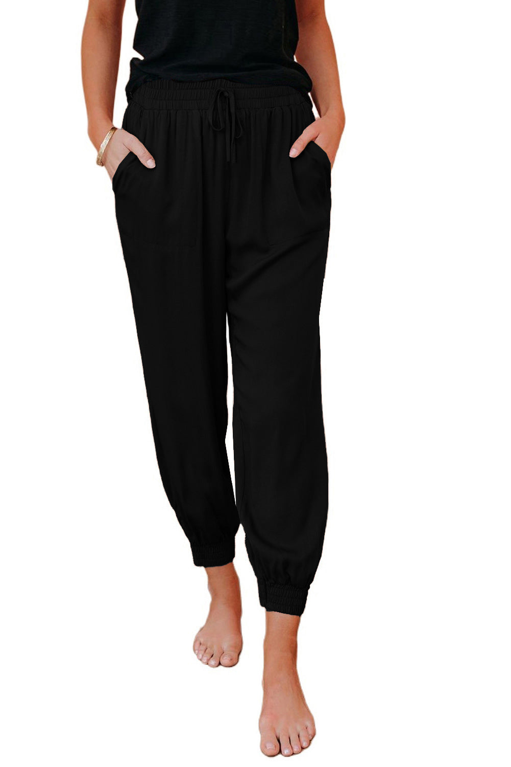 Black Drawstring Pocketed Cropped Jogger Pants