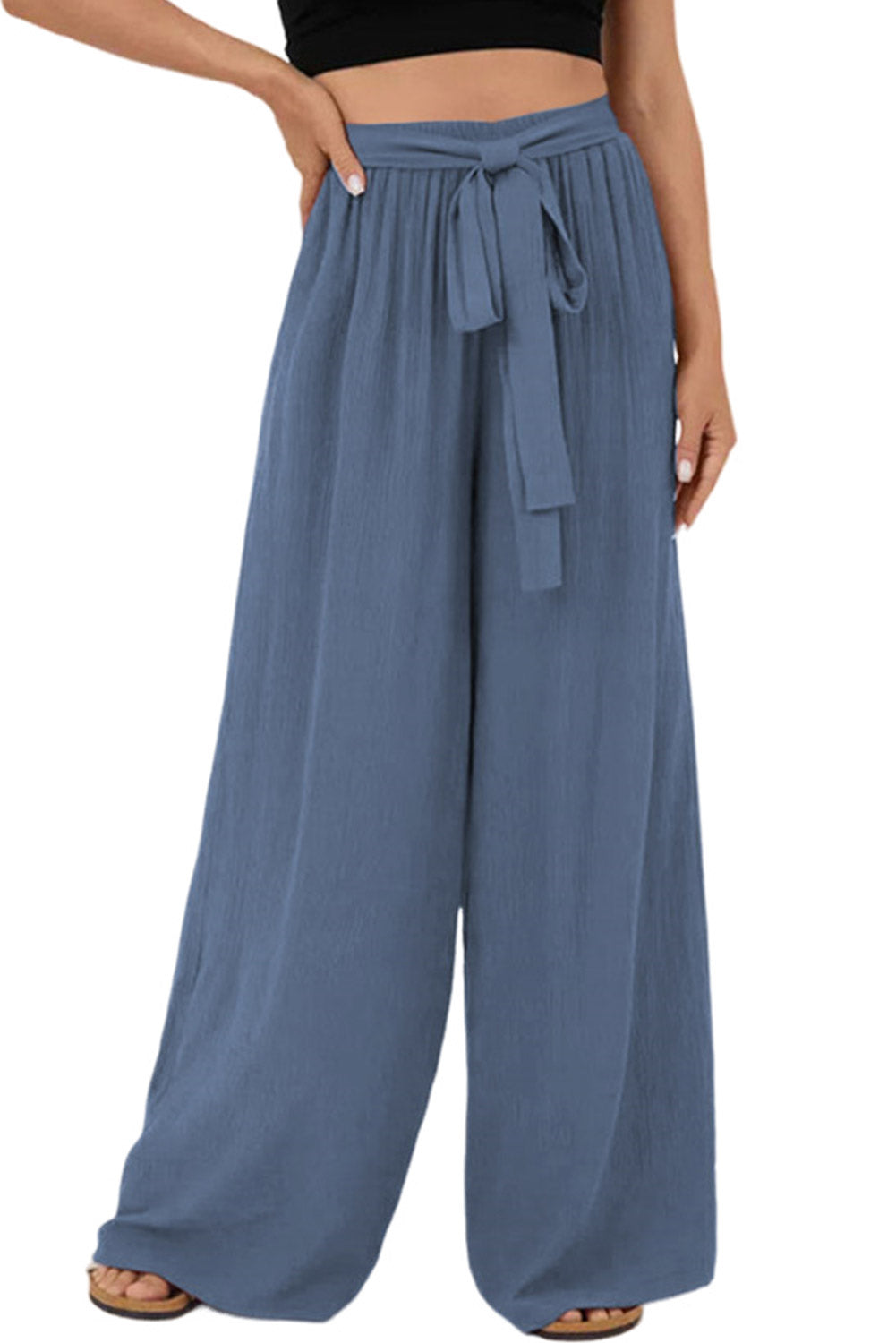 Sail Blue High Waisted Tie Front Side Pocket Wide Leg Flowy Casual Pants