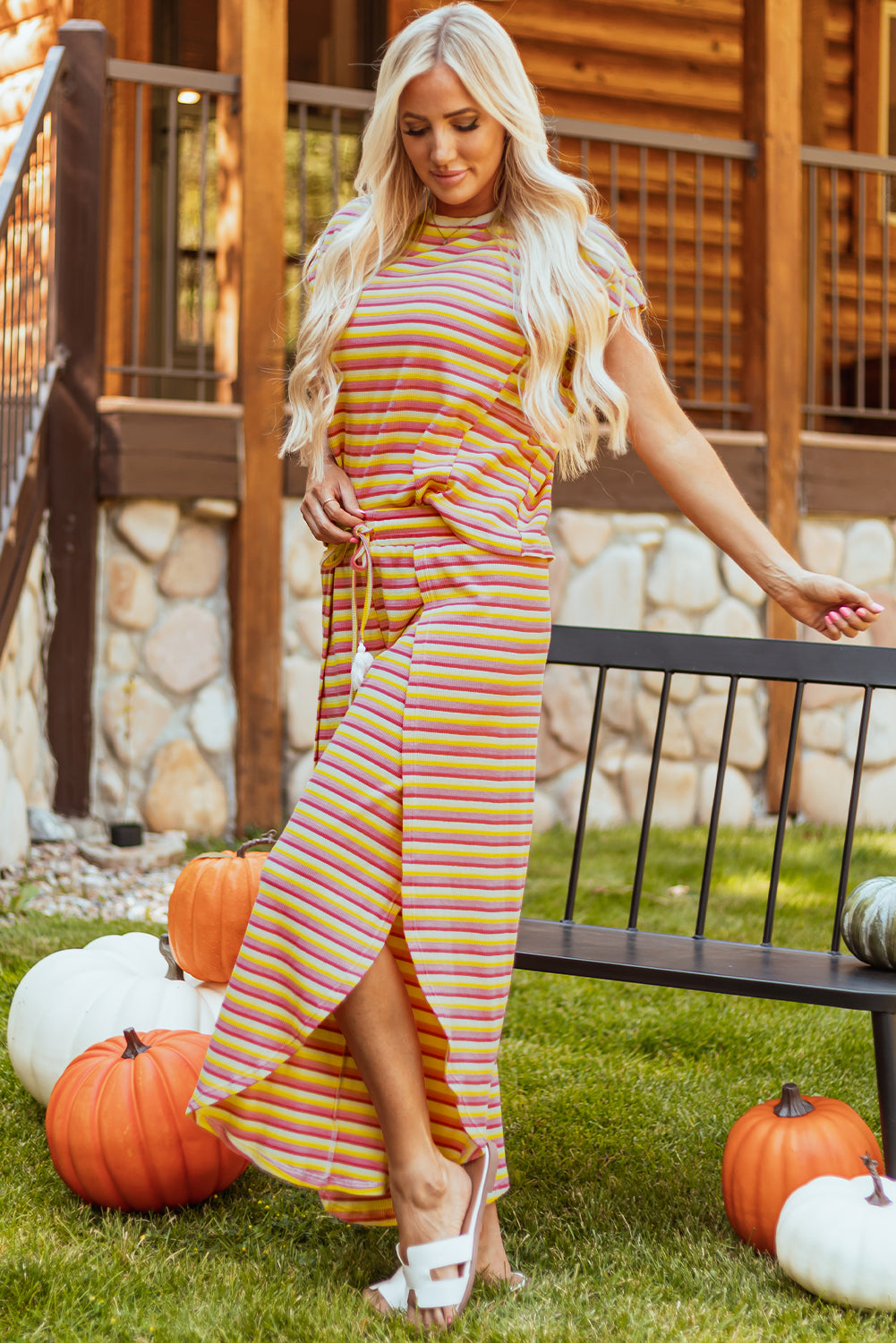Black Stripe Rainbow Tee Tasseled String Wide Leg Pants Set