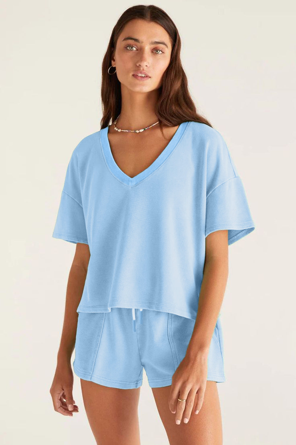 Bonbon V Neck Drop Shoulder Tee and Patchwork Drawstring Shorts Set