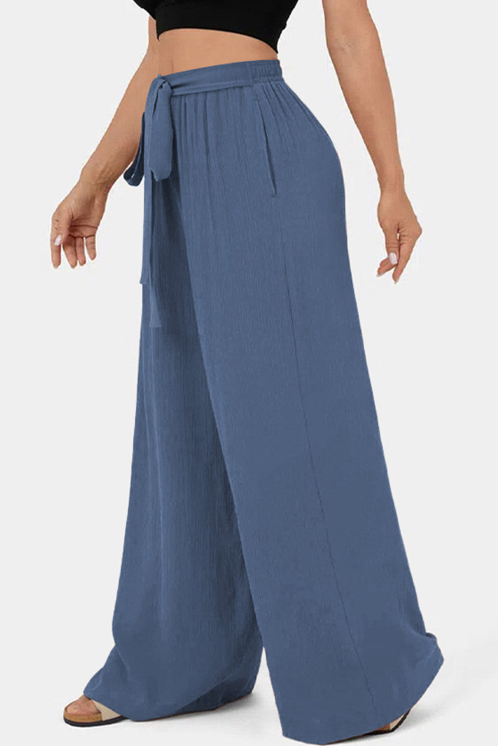 Sail Blue High Waisted Tie Front Side Pocket Wide Leg Flowy Casual Pants