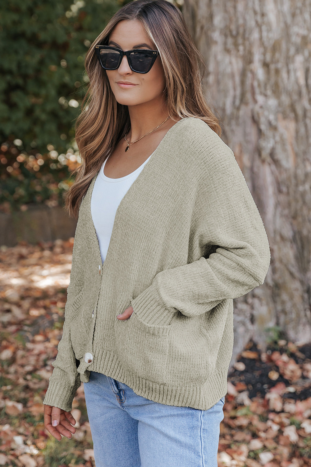 Rose Buttons Front Pocketed Sweater Cardigan