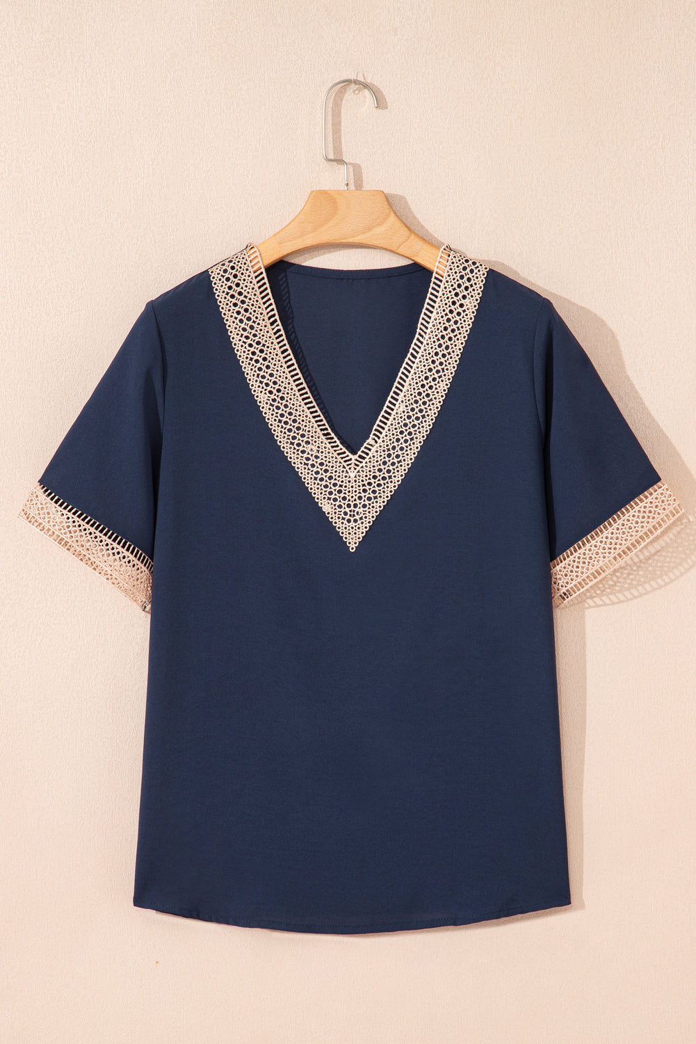 Blue Lace Trim V Neck Short Sleeve Blouse