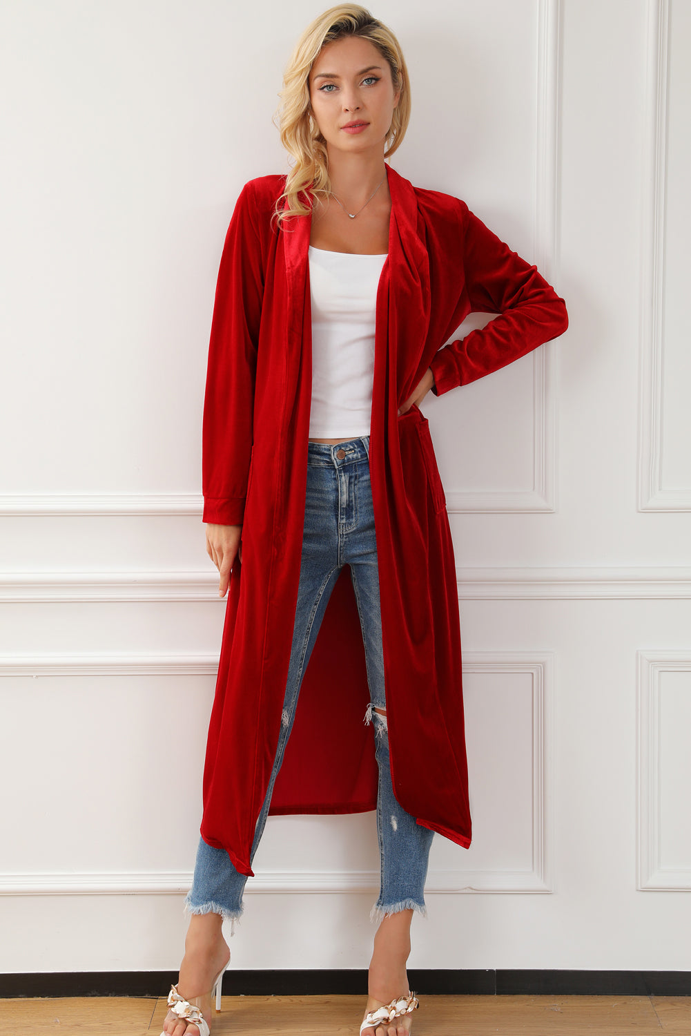 Yellow Velvet Open Front Pocketed Long Duster