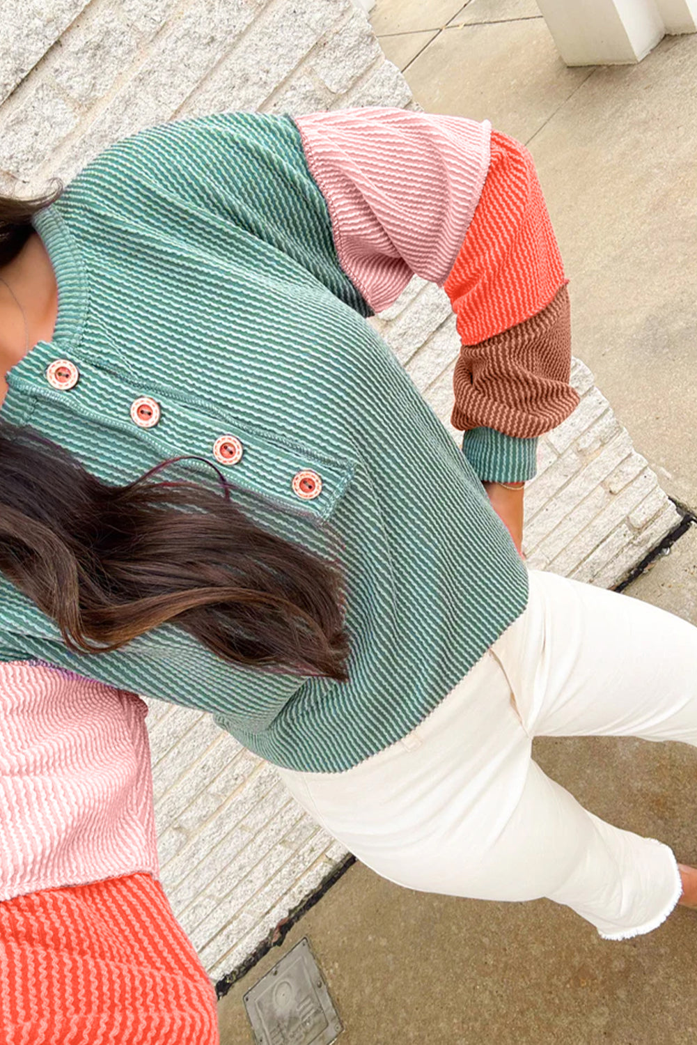 Multicolour Twisted Ribbed Knit Colorblock Henley Top