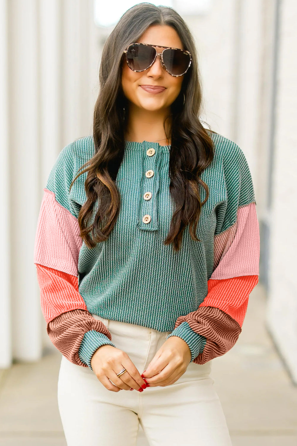 Multicolour Twisted Ribbed Knit Colorblock Henley Top
