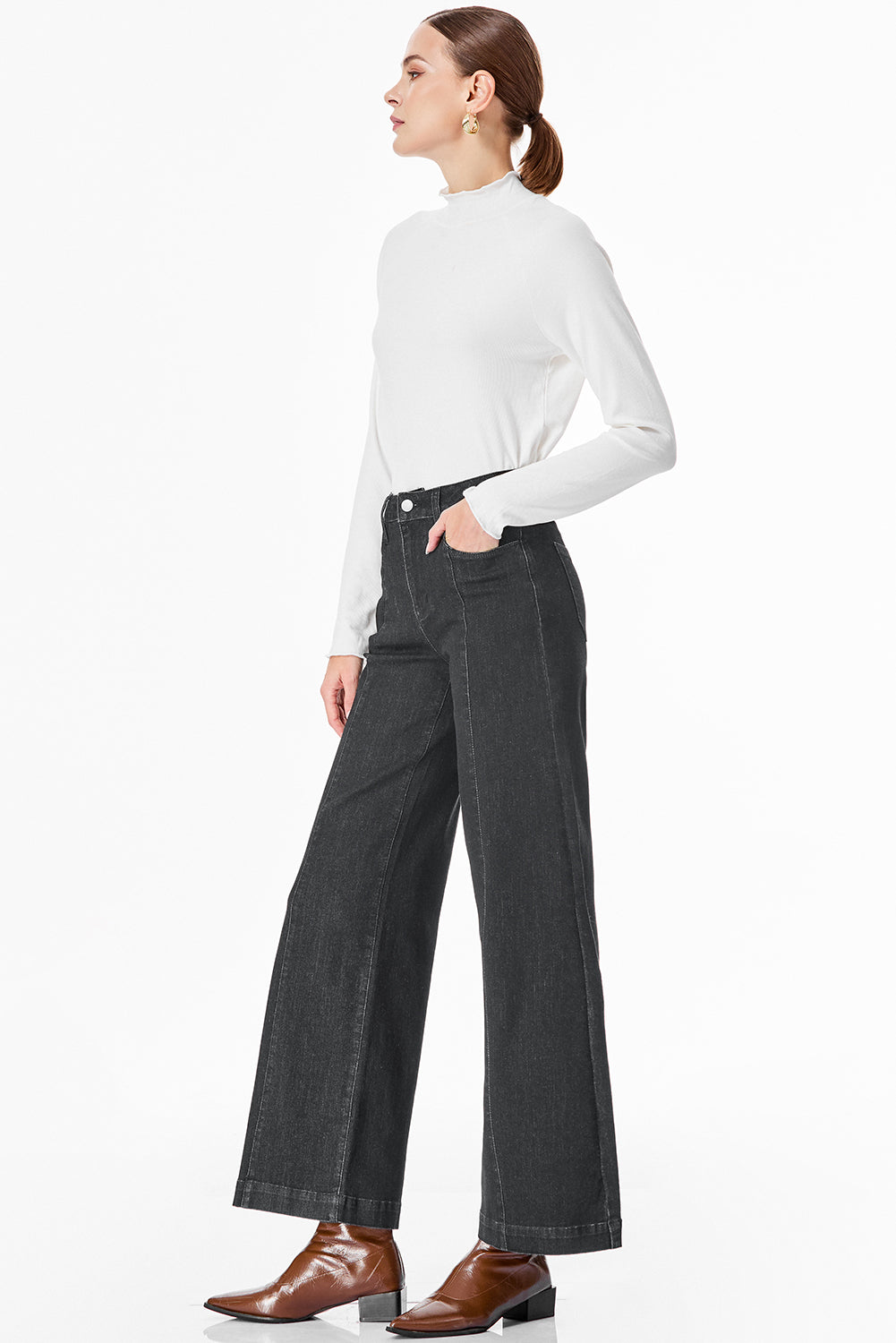 Black Plain Seam Detail Flared Bottom Ankle Length Jeans