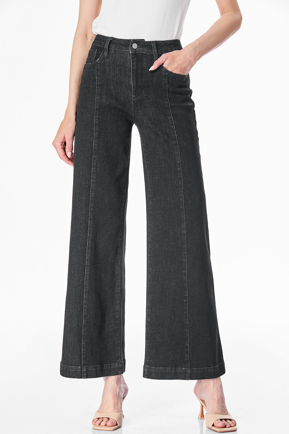Black Plain Seam Detail Flared Bottom Ankle Length Jeans