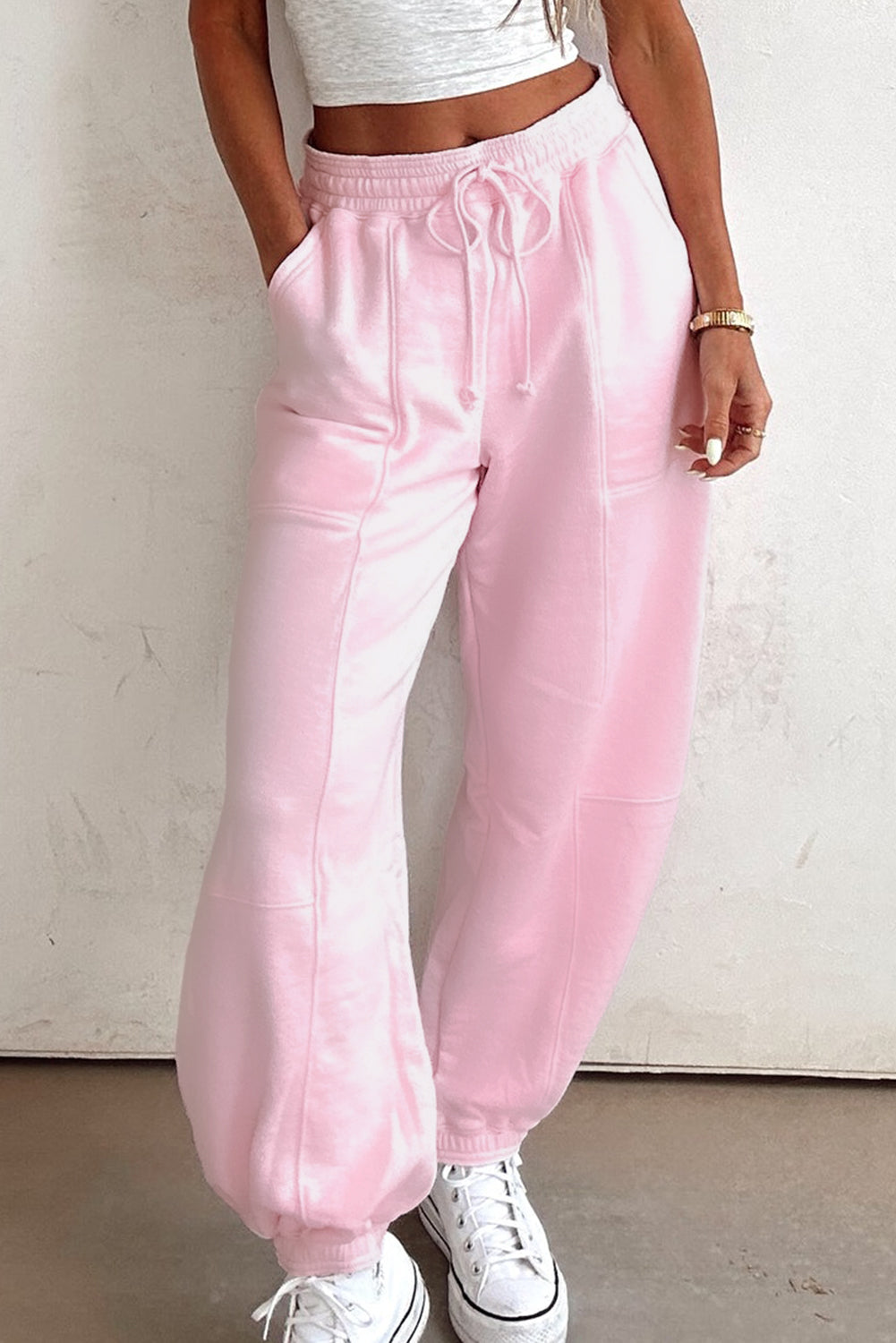 Light Pink Drawstring Waist Patchwork Solid Color Jogger Pants