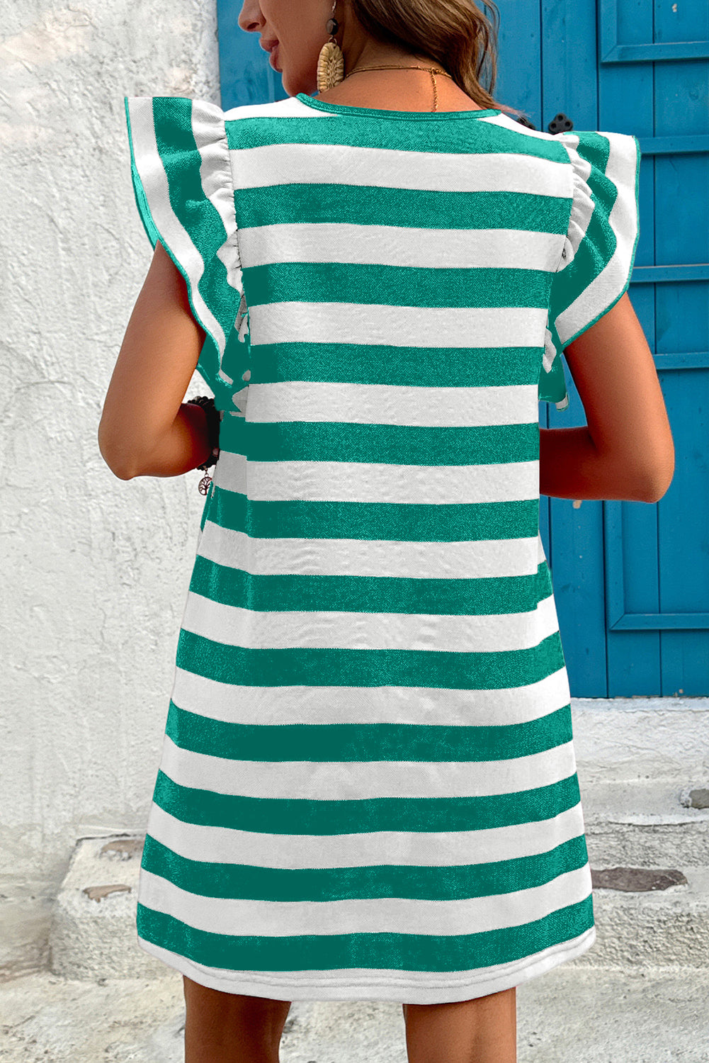 Red Stripe Flutter Sleeve Round Neck Shift Dress