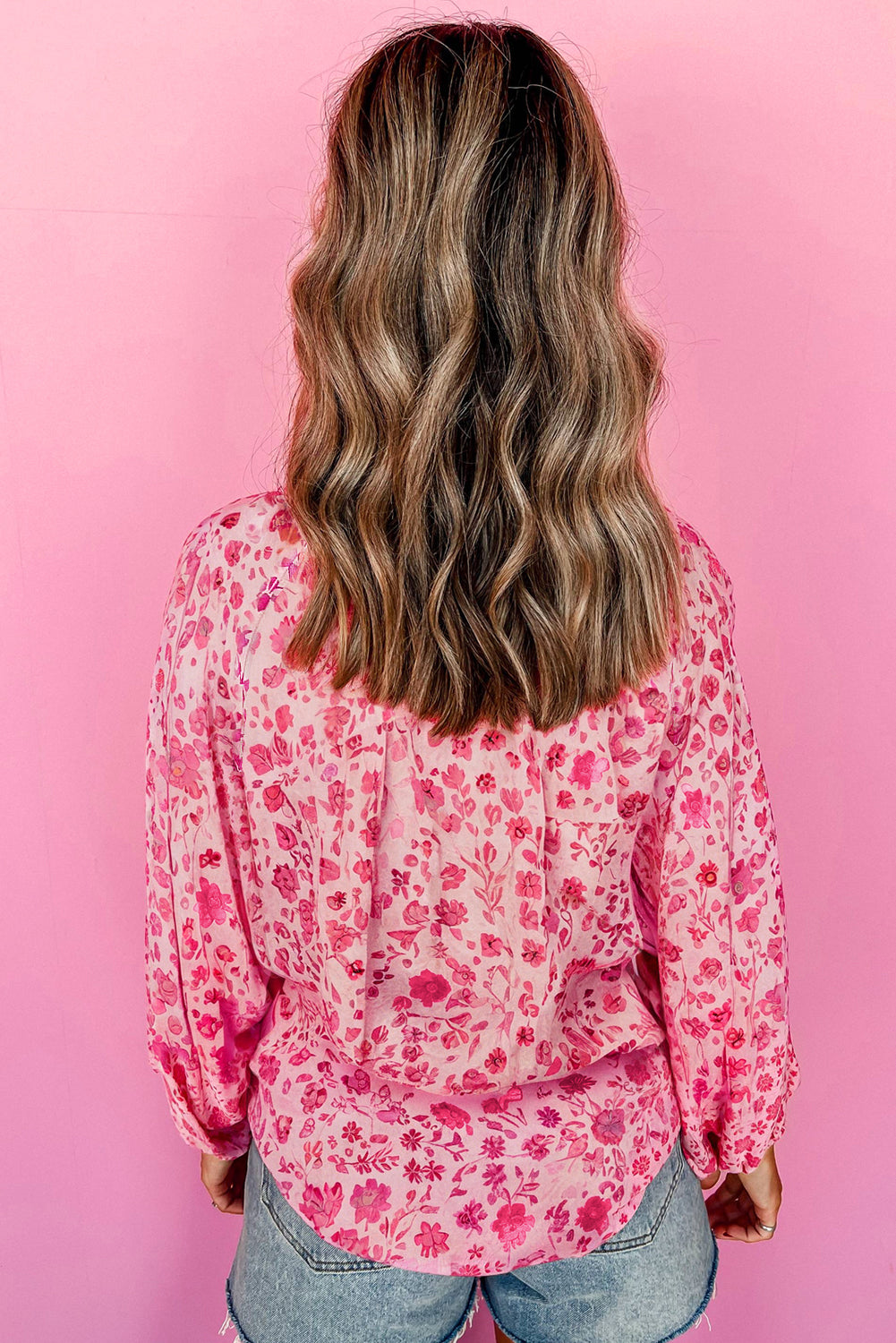 Pink Floral Puff Sleeve Split Neck Lightweight Blouse