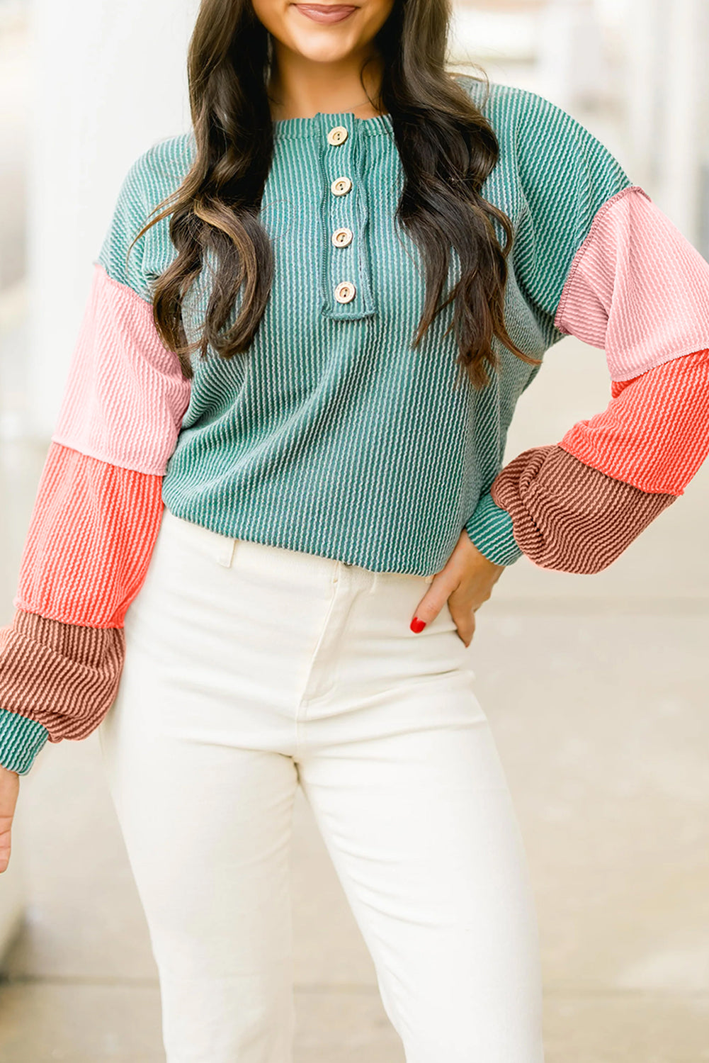 Multicolour Twisted Ribbed Knit Colorblock Henley Top
