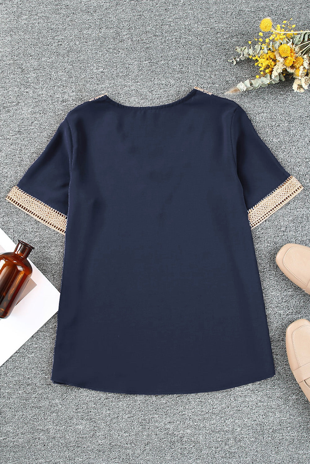 Blue Lace Trim V Neck Short Sleeve Blouse