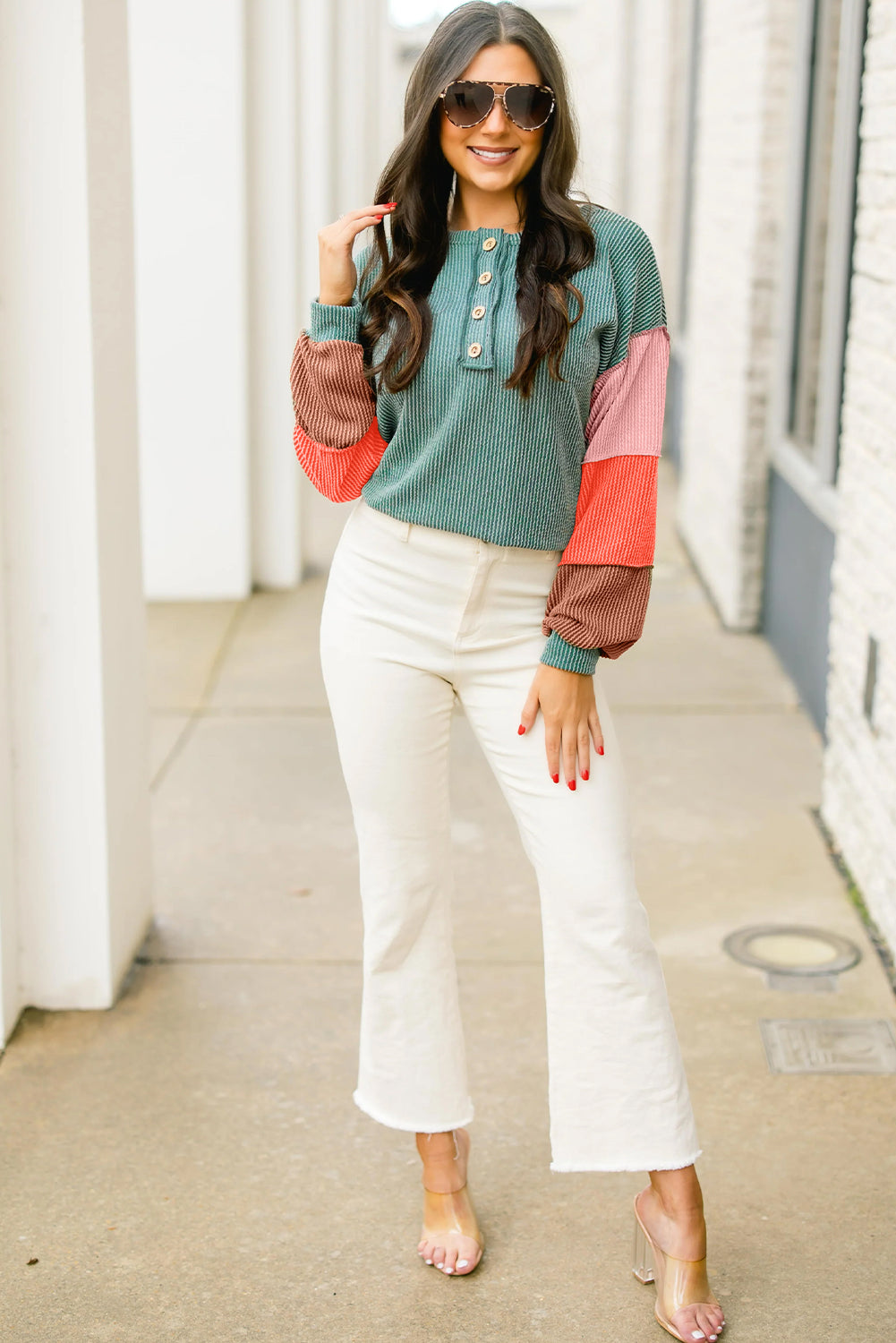 Multicolour Twisted Ribbed Knit Colorblock Henley Top