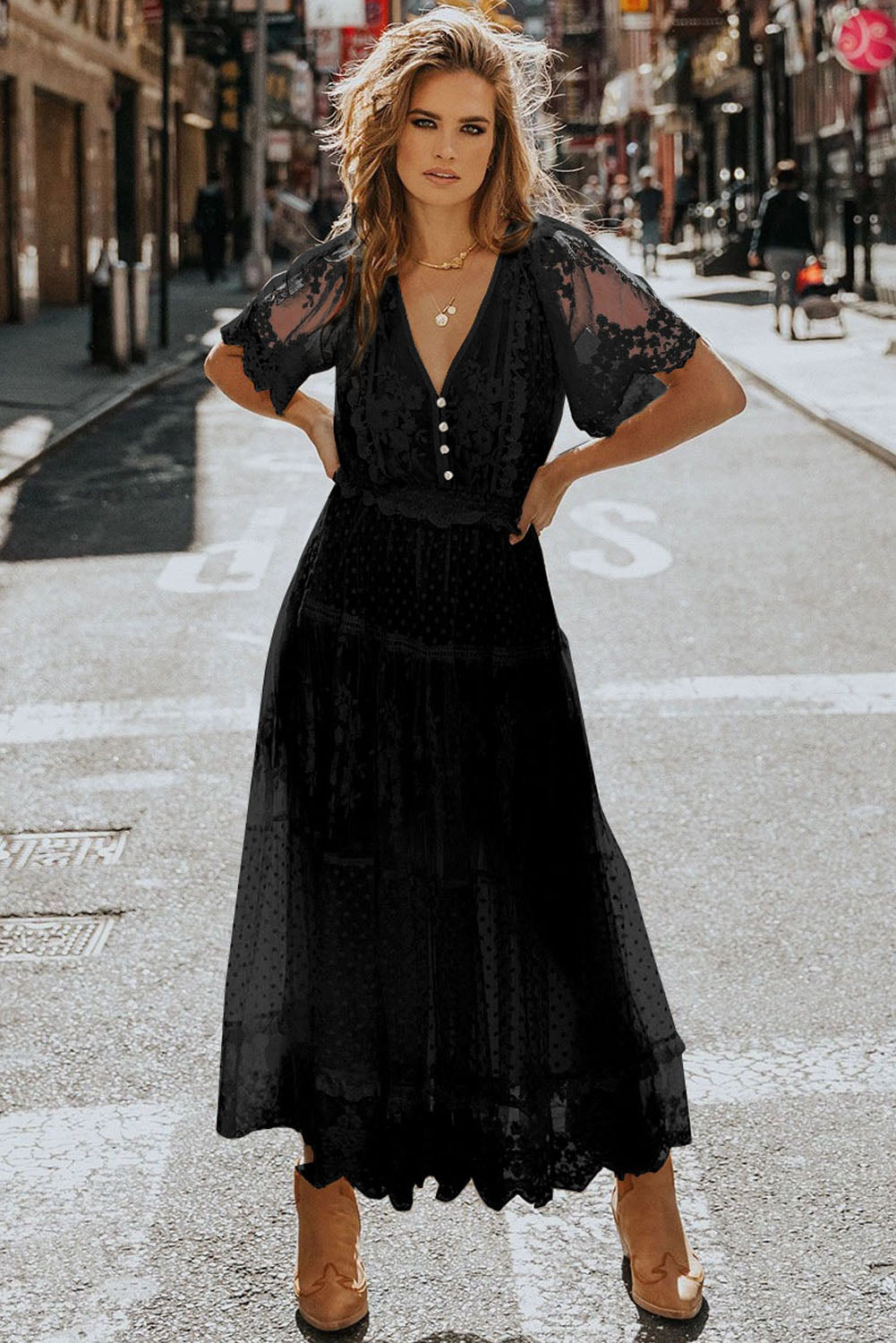 Black Dotty Lace Mesh Flowy Maxi Dress
