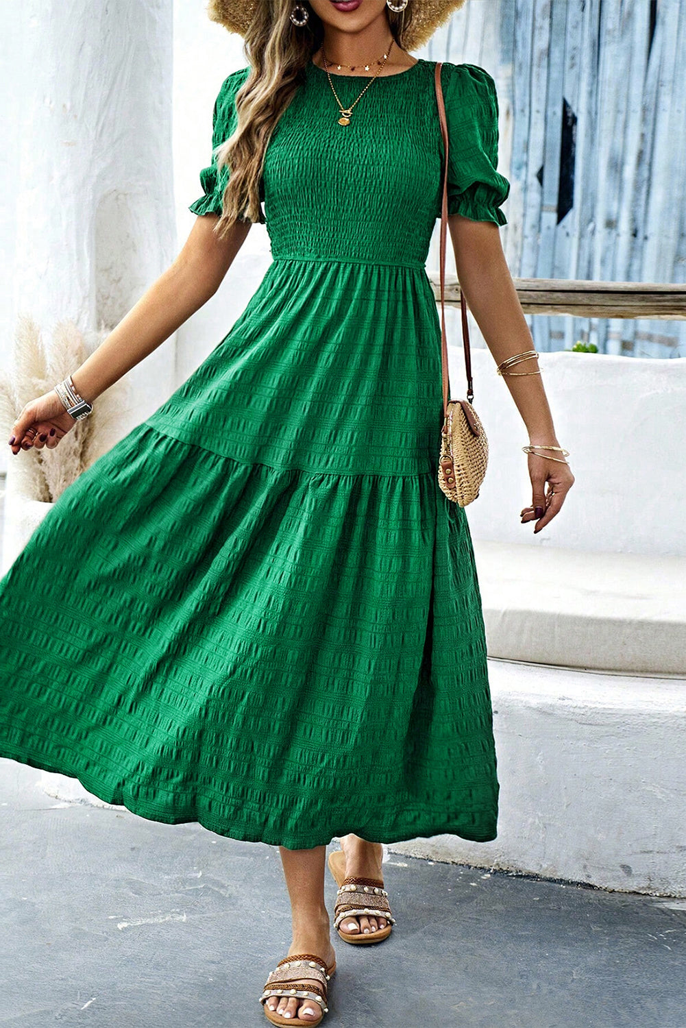 Sail Blue Solid Textured Smocked Puff Short Sleeve High Waist Long Dress