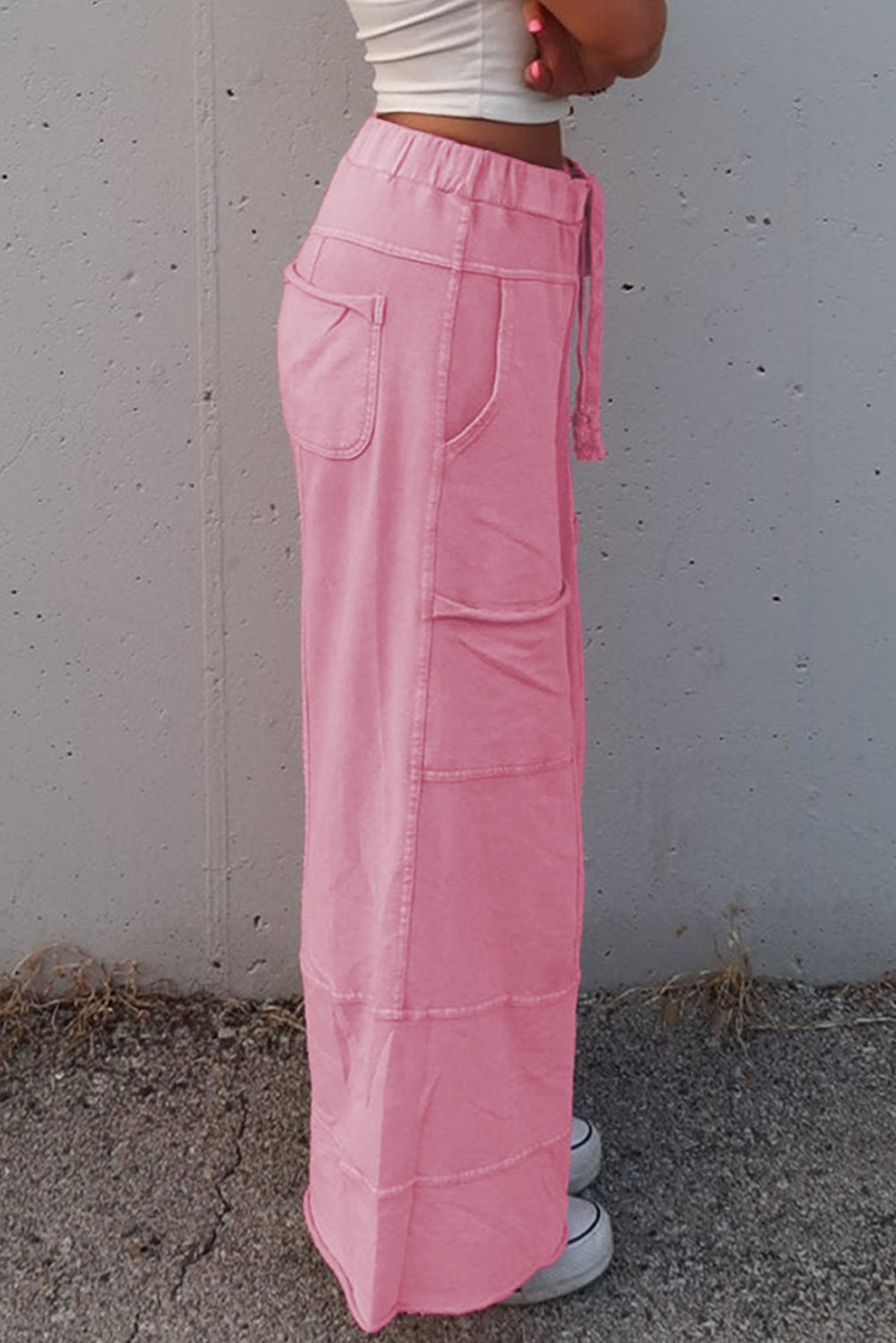 Bonbon Mineral Wash Exposed Seam Drawstring High Waist Wide Leg Cargo Pants